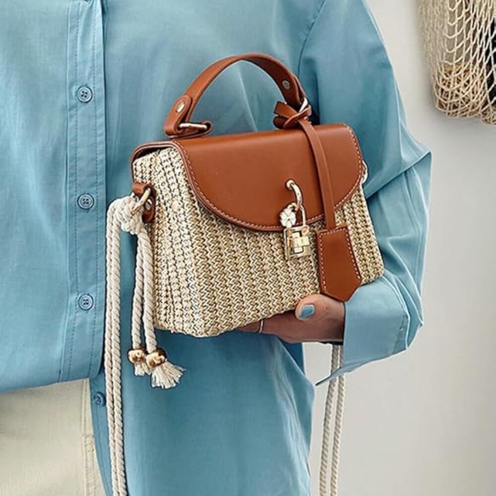 Neiman Marcus Brown Natural Woven Floral Straw Box Bag - Picture 6 of 6